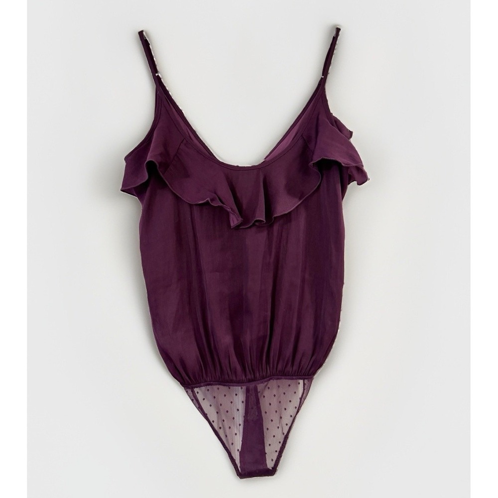 Free People Intimately Bodysuit Eggplant Purple Ruffle Trim Mesh Swiss Dot XS